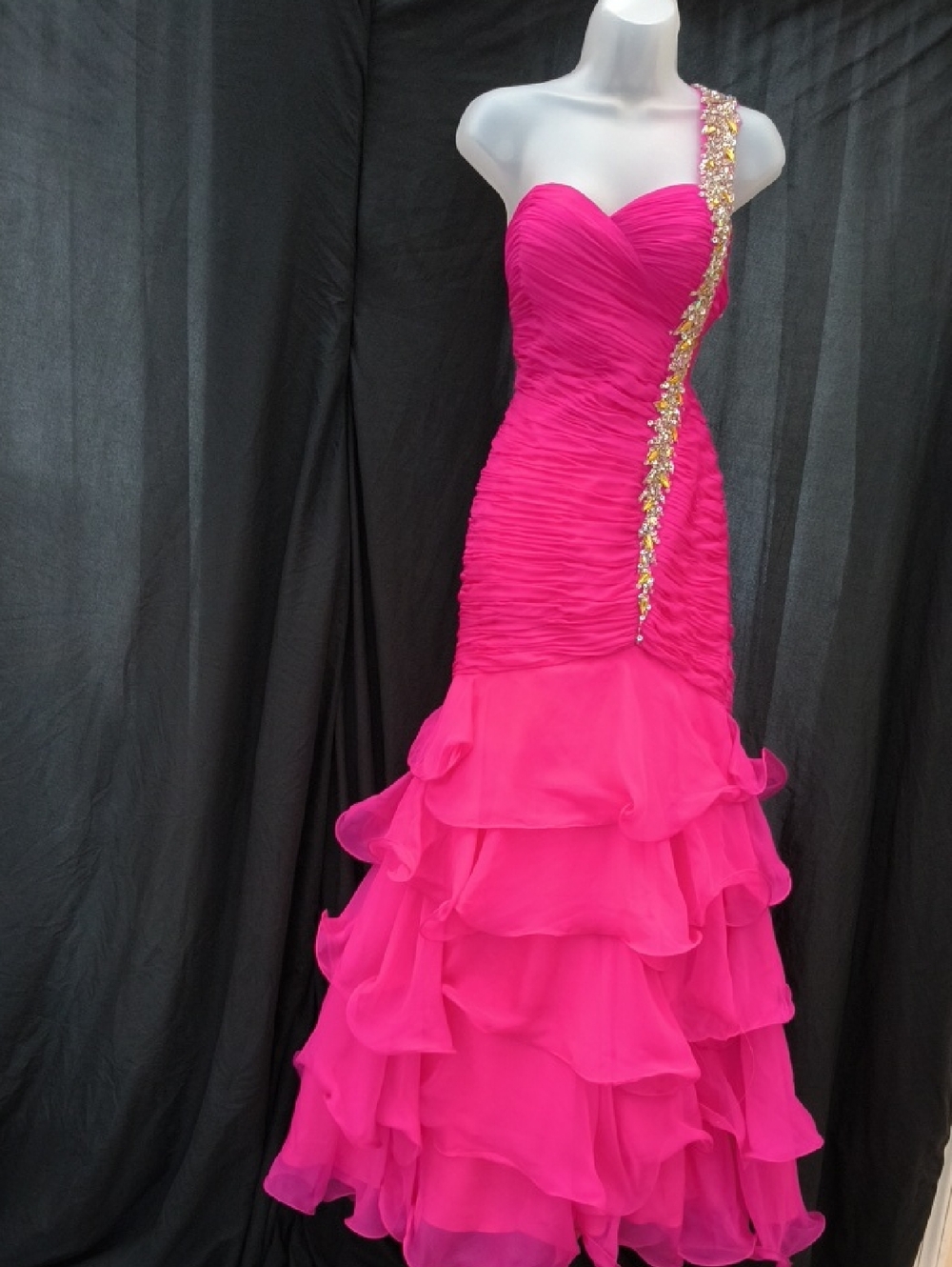 Strapless One-Shoulder Fuchsia Ruffled Evening Gown